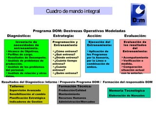 Programa DOM: Destrezas Operativas Modeladas
Diagnóstico: Estrategia: Acción: Evaluación:
Inventario de
necesidades de
entrenamiento.
Alcance de Objetivos.
Perfiles de cargo.
Resultados de Desempeño.
Análisis de problemas de
producción.
Análisis de los problemas
del personal.
Análisis de relación y otros
datos.
Programación y
Entrenamiento
¿Cómo entrena?
¿Qué entrena?
¿Dónde entrena?
¿Cuánto tiempo
entrena?
¿Cuánto
entrena?
¿Quién entrena?
Ejecución del
Entrenamiento:
Aplicación de
los Programas
por la Asesoría,
por la Línea o
combinación de
ambos.
Evaluación de
los resultados
del
Entrenamiento:
Acompañamiento
Verificación o
medida.
Comparación
situación actual
con la anterior.
Resultados del Diagnóstico: Informe / Propuesta Programa DOM / Formación del responsable DOM
Talleres:
Supervisión Avanzada
Sensibilización al cambio
Planificación Estratégica
Indicadores de Gestión
Formación Técnica:
Producción/Calidad
Mantenimiento
Recursos Humanos
Administración/Mercadeo
Memoria Tecnológica
Elaboración de Manuales
Cuadro demando integral
 