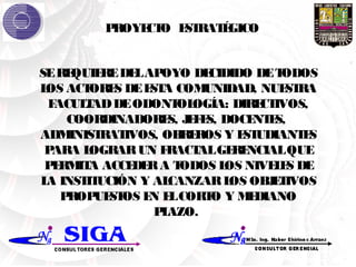 PROYECTO ESTRATÉGICO
SEREQUIEREDELAPOYO DECIDIDO DETODOS
LOS ACTORES DEESTA COMUNIDAD, NUESTRA
FACULTADDEODONTOLOGÍA: DIRECTIVOS,
COORDINADORES, JEFES, DOCENTES,
ADMINISTRATIVOS, OBREROS Y ESTUDIANTES
PARA LOGRARUN FRACTALGERENCIALQUE
PERMITA ACCEDERA TODOS LOS NIVELES DE
LA INSTITUCIÓN Y ALCANZARLOS OBJETIVOS
PROPUESTOS EN ELCORTO Y MEDIANO
PLAZO.
 