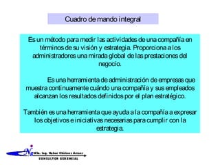 Esun método paramedir lasactividadesdeunacompañíaen
términosdesu visión y estrategia. Proporcionaalos
administradoresunamiradaglobal delasprestacionesdel
negocio.
Esunaherramientadeadministración deempresasque
muestracontinuamentecuándo unacompañíay susempleados
alcanzan losresultadosdefinidospor el plan estratégico.
También esunaherramientaqueayudaalacompañíaaexpresar
losobjetivoseiniciativasnecesariasparacumplir con la
estrategia.
Cuadro demando integral
 