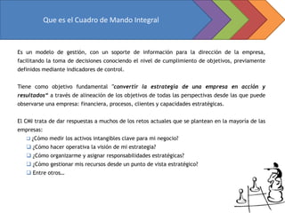 Que es el Cuadro de Mando Integral



Es un modelo de gestión, con un soporte de información para la dirección de la empresa,
facilitando la toma de decisiones conociendo el nivel de cumplimiento de objetivos, previamente
definidos mediante indicadores de control.


Tiene como objetivo fundamental "convertir la estrategia de una empresa en acción y
resultados“ a través de alineación de los objetivos de todas las perspectivas desde las que puede
observarse una empresa: financiera, procesos, clientes y capacidades estratégicas.


El CMI trata de dar respuestas a muchos de los retos actuales que se plantean en la mayoría de las
empresas:
    ¿Cómo medir los activos intangibles clave para mi negocio?
    ¿Cómo hacer operativa la visión de mi estrategia?
    ¿Cómo organizarme y asignar responsabilidades estratégicas?
    ¿Cómo gestionar mis recursos desde un punto de vista estratégico?
    Entre otros…
 