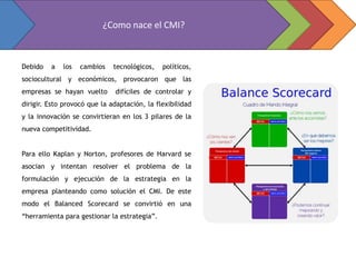 ¿Como nace el CMI?



Debido   a   los   cambios    tecnológicos,   políticos,
sociocultural y económicos, provocaron que las
empresas se hayan vuelto      difíciles de controlar y
dirigir. Esto provocó que la adaptación, la flexibilidad
y la innovación se convirtieran en los 3 pilares de la
nueva competitividad.


Para ello Kaplan y Norton, profesores de Harvard se
asocian y intentan resolver el problema de la
formulación y ejecución de la estrategia en la
empresa planteando como solución el CMI. De este
modo el Balanced Scorecard se convirtió en una
“herramienta para gestionar la estrategia”.
 