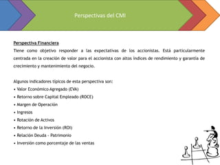 Perspectivas del CMI



Perspectiva Financiera
Tiene como objetivo responder a las expectativas de los accionistas. Está particularmente
centrada en la creación de valor para el accionista con altos índices de rendimiento y garantía de
crecimiento y mantenimiento del negocio.


Algunos indicadores típicos de esta perspectiva son:
• Valor Económico Agregado (EVA)
• Retorno sobre Capital Empleado (ROCE)
• Margen de Operación
• Ingresos
• Rotación de Activos
• Retorno de la Inversión (ROI)
• Relación Deuda - Patrimonio
• Inversión como porcentaje de las ventas
 
