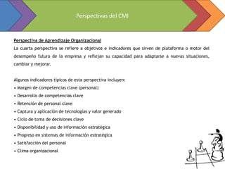 Perspectivas del CMI


Perspectiva de Aprendizaje Organizacional
La cuarta perspectiva se refiere a objetivos e indicadores que sirven de plataforma o motor del
desempeño futuro de la empresa y reflejan su capacidad para adaptarse a nuevas situaciones,
cambiar y mejorar.


Algunos indicadores típicos de esta perspectiva incluyen:
• Margen de competencias clave (personal)
• Desarrollo de competencias clave
• Retención de personal clave
• Captura y aplicación de tecnologías y valor generado
• Ciclo de toma de decisiones clave
• Disponibilidad y uso de información estratégica
• Progreso en sistemas de información estratégica
• Satisfacción del personal
• Clima organizacional
 
