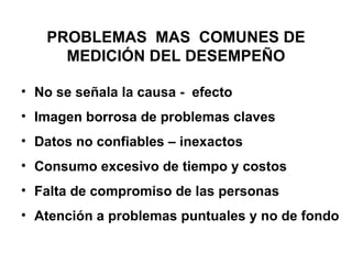 PROBLEMAS  MAS  COMUNES DE MEDICIÓN DEL DESEMPEÑO No se señala la causa -  efecto Imagen borrosa de problemas claves Datos no confiables – inexactos Consumo excesivo de tiempo y costos Falta de compromiso de las personas Atención a problemas puntuales y no de fondo 