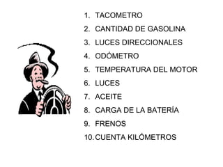 TACOMETRO CANTIDAD DE GASOLINA LUCES DIRECCIONALES ODÓMETRO TEMPERATURA DEL MOTOR LUCES ACEITE CARGA DE LA BATERÍA FRENOS CUENTA KILÓMETROS 