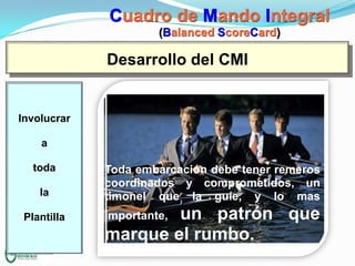 Cuadro de Mando Integral
(Balanced ScoreCard)

Desarrollo del CMI

Involucrar
a

toda
la
Plantilla

Toda embarcación debe tener remeros
coordinados y comprometidos, un
timonel que la guíe, y lo mas

un patrón que
marque el rumbo.
importante,

 