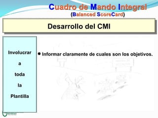 Cuadro de Mando Integral
(Balanced ScoreCard)

Desarrollo del CMI

Involucrar
a

toda
la
Plantilla

Informar claramente de cuales son los objetivos.

 