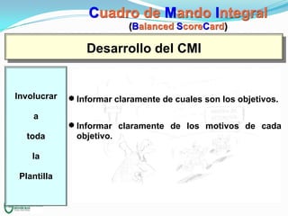 Cuadro de Mando Integral
(Balanced ScoreCard)

Desarrollo del CMI

Involucrar

Informar claramente de cuales son los objetivos.

a

toda
la
Plantilla

Informar claramente de los motivos de cada
objetivo.

 