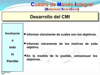 Cuadro de Mando Integral
(Balanced ScoreCard)

Desarrollo del CMI

Involucrar

Informar claramente de cuales son los objetivos.

a

toda
la
Plantilla

Informar claramente de los motivos de cada
objetivo.
En la medida de lo posible, consensuar los
objetivos.

 