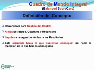 Cuadro de Mando Integral
(Balanced ScoreCard)

Definición del Concepto
m Herramienta para Gestión del Control
m Alinea Estrategia, Objetivos y Resultados
m Impulsa a la organización hacia los Resultados

m Esta orientada hacia lo que queremos conseguir, no hacia la
medición de lo que hemos conseguido

 