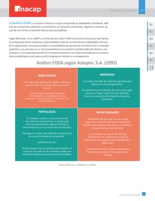 13
Planificación estatégica
_Guía de aprendizaje
T1
T3
T5
T2
T4
T6
Análisis FODA según Azkoyen, S.A. (1995)
Fuente: Munuera, J. Rodríguez A. (2007).
c) Análisis FODA: en el plano interno, es el que comprende las debilidades y fortalezas. Ade-
más de encontrarlas, definirlas y enumerarlas, es necesario controlarlas, seguirlas y medirlas, ya
que de otra forma, no aportan todo el valor que podrían.
Según Munuera, J et al. (2007), se entiende por matriz FODA la estructura conceptual que facilita
la comparación de las amenazas y oportunidades externas con las fuerzas y debilidades internas
de la organización. Una oportunidad es una posibilidad de aprovechar el atractivo de un mercado
específico, una amenaza es un reto procedente de una tendencia desfavorable del entorno, una
fortaleza es una capacidad distinta de la empresa respecto a sus rivales evaluada por los consumi-
dores y debilidad es una carencia de la empresa en relación a su competencia.
 