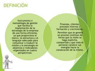 DEFINICIÓN
Instrumento o
metodología de gestión
que facilita la
implantación de la
estrategia de la empresa
de una forma eficiente,
ya que proporciona el
marco, la estructura y el
lenguaje adecuado para
comunicar o traducir la
misión y la estrategia en
objetivos e indicadores
organizados en cuatro
perspectivas:
Finanzas, clientes,
procesos internos y
formación y crecimiento.
Permiten que se genere
un proceso continuo de
forma que la visión se
haga explícita,
compartida y que todo el
personal canalice sus
energías hacia la
consecución de la misma.
 