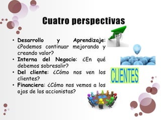 • Desarrollo y Aprendizaje: 
¿Podemos continuar mejorando y 
creando valor? 
• Interna del Negocio: ¿En qué 
debemos sobresalir? 
• Del cliente: ¿Cómo nos ven los 
clientes? 
• Financiera: ¿Cómo nos vemos a los 
ojos de los accionistas? 
 
