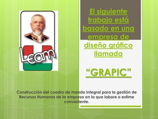 El siguiente
trabajo está
basado en una
empresa de
diseño gráfico
llamada
“GRAPIC”
Construcción del cuadro de mando integral para la gestión de
Recursos Humanos de la empresa en la que labore o estime
conveniente.
 