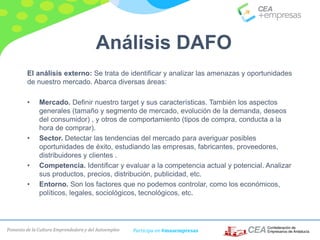 Fomento de la Cultura Emprendedora y del Autoempleo Participa en #masempresas
El análisis externo: Se trata de identificar y analizar las amenazas y oportunidades
de nuestro mercado. Abarca diversas áreas:
• Mercado. Definir nuestro target y sus características. También los aspectos
generales (tamaño y segmento de mercado, evolución de la demanda, deseos
del consumidor) , y otros de comportamiento (tipos de compra, conducta a la
hora de comprar).
• Sector. Detectar las tendencias del mercado para averiguar posibles
oportunidades de éxito, estudiando las empresas, fabricantes, proveedores,
distribuidores y clientes .
• Competencia. Identificar y evaluar a la competencia actual y potencial. Analizar
sus productos, precios, distribución, publicidad, etc.
• Entorno. Son los factores que no podemos controlar, como los económicos,
políticos, legales, sociológicos, tecnológicos, etc.
Análisis DAFO
 