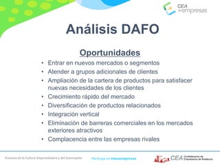Fomento de la Cultura Emprendedora y del Autoempleo Participa en #masempresas
Oportunidades
• Entrar en nuevos mercados o segmentos
• Atender a grupos adicionales de clientes
• Ampliación de la cartera de productos para satisfacer
nuevas necesidades de los clientes
• Crecimiento rápido del mercado
• Diversificación de productos relacionados
• Integración vertical
• Eliminación de barreras comerciales en los mercados
exteriores atractivos
• Complacencia entre las empresas rivales
Análisis DAFO
 