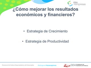 Fomento de la Cultura Emprendedora y del Autoempleo Participa en #masempresas
¿Cómo mejorar los resultados
económicos y financieros?
• Estrategia de Crecimiento
• Estrategia de Productividad
 