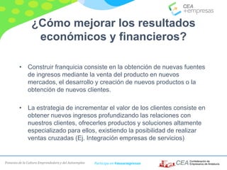 Fomento de la Cultura Emprendedora y del Autoempleo Participa en #masempresas
¿Cómo mejorar los resultados
económicos y financieros?
• Construir franquicia consiste en la obtención de nuevas fuentes
de ingresos mediante la venta del producto en nuevos
mercados, el desarrollo y creación de nuevos productos o la
obtención de nuevos clientes.
• La estrategia de incrementar el valor de los clientes consiste en
obtener nuevos ingresos profundizando las relaciones con
nuestros clientes, ofrecerles productos y soluciones altamente
especializado para ellos, existiendo la posibilidad de realizar
ventas cruzadas (Ej. Integración empresas de servicios)
 
