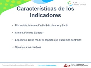 Fomento de la Cultura Emprendedora y del Autoempleo Participa en #masempresas
Características de los
Indicadores
• Disponible. Información fácil de obtener y fiable
• Simple. Fácil de Elaborar
• Específico. Debe medir el aspecto que queremos controlar
• Sensible a los cambios
 