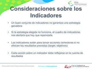 Fomento de la Cultura Emprendedora y del Autoempleo Participa en #masempresas
Consideraciones sobre los
Indicadores
• Un buen conjunto de indicadores no garantiza una estrategia
ganadora
• Si la estrategia elegida no funciona, el cuadro de indicadores
nos alertará que hay que repensarla
• Los indicadores están para tomar acciones correctoras si no
ofrecen los resultados previstos (target, objetivos)
• Cada acción sobre un indicador debe reflejarse en la cuenta de
resultados
 