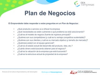 Fomento de la Cultura Emprendedora y del Autoempleo Participa en #masempresas
Plan de Negocios
El Emprendedor debe responder a estas preguntas en un Plan de Negocios:
• ¿Qué producto o servicio va a ofrecer la empresa
• ¿Qué necesidades se están cubriendo o qué problema se está solucionando?
• ¿Cuál es el modelo de negocio (fuente de ingresos principal)?
• ¿Quiénes son sus competidores (y cuál es tu ventaja competitiva sustentable)?
• ¿Quiénes son sus clientes y cuál es su mercado objetivo (y tamaño de mercado)?
• ¿Quién(es) está(n) en el equipo gerencial?
• ¿Cuál es el estado actual del desarrollo del producto, idea, etc.?
• ¿Cuánto dinero está buscando obtener para el negocio?
• ¿Cuál es la valuación de la empresa que está buscando?
• ¿Cuál es la estructura actual de propiedad de la empresa?
 