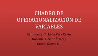 CUADRO DE
OPERACIONALIZACIÓN DE
VARIABLES
Estudiante: Sr. León Vera Kevin
Docente: Héctor Álvarez
Curso: Cuarto C1
 
