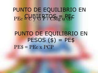 PUNTO DE EQUILIBRIO EN 
CUBIERTOS = PEc PEc = C y G F / CMg u ($) 
PUNTO DE EQUILIBRIO EN 
PESOS ($) = PE$ 
PE$ = PEc x PCP 
 