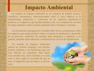 Sistema de comunicación y control (sistema manual o automatizado de registro y difusión de documentación e información sobre marcha del proyecto, precisando desviaciones y correctivos)Impacto Ambiental       Un Estudio de Impacto Ambiental analiza un sistema complejo, con muchos factores distintos y con fenómenos que son muy difíciles de cuantificar. Para hacer estos estudios hay varios métodos y se usan unos u otros según la actividad de que se trate, el organismo que las haga o el que las exija.