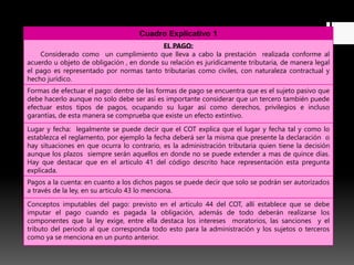 Cuadro Explicativo 1
EL PAGO:
Considerado como un cumplimiento que lleva a cabo la prestación realizada conforme al
acuerdo u objeto de obligación , en donde su relación es jurídicamente tributaria, de manera legal
el pago es representado por normas tanto tributarias como civiles, con naturaleza contractual y
hecho jurídico.
Formas de efectuar el pago: dentro de las formas de pago se encuentra que es el sujeto pasivo que
debe hacerlo aunque no solo debe ser así es importante considerar que un tercero también puede
efectuar estos tipos de pagos, ocupando su lugar así como derechos, privilegios e incluso
garantías, de esta manera se comprueba que existe un efecto extintivo.
Lugar y fecha: legalmente se puede decir que el COT explica que el lugar y fecha tal y como lo
establezca el reglamento, por ejemplo la fecha deberá ser la misma que presente la declaración o
hay situaciones en que ocurra lo contrario, es la administración tributaria quien tiene la decisión
aunque los plazos siempre serán aquellos en donde no se puede extender a mas de quince días.
Hay que destacar que en el articulo 41 del código descrito hace representación esta pregunta
explicada.
Pagos a la cuenta: en cuanto a los dichos pagos se puede decir que solo se podrán ser autorizados
a través de la ley, en su articulo 43 lo menciona.
Conceptos imputables del pago: previsto en el articulo 44 del COT, allí establece que se debe
imputar el pago cuando es pagada la obligación, además de todo deberán realizarse los
componentes que la ley exige, entre ella destaca los intereses moratorios, las sanciones y el
tributo del periodo al que corresponda todo esto para la administración y los sujetos o terceros
como ya se menciona en un punto anterior.
 