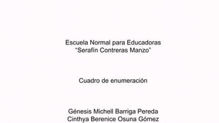 Escuela Normal para Educadoras
“Serafín Contreras Manzo”
Cuadro de enumeración
Génesis Michell Barriga Pereda
Cinthya Berenice Osuna Gómez
 