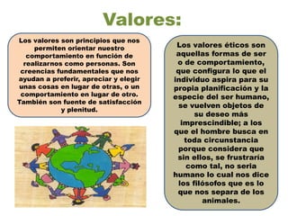 Valores:
Los valores éticos son
aquellas formas de ser
o de comportamiento,
que configura lo que el
individuo aspira para su
propia planificación y la
especie del ser humano,
se vuelven objetos de
su deseo más
imprescindible; a los
que el hombre busca en
toda circunstancia
porque considera que
sin ellos, se frustraría
como tal, no seria
humano lo cual nos dice
los filósofos que es lo
que nos separa de los
animales.
Los valores son principios que nos
permiten orientar nuestro
comportamiento en función de
realizarnos como personas. Son
creencias fundamentales que nos
ayudan a preferir, apreciar y elegir
unas cosas en lugar de otras, o un
comportamiento en lugar de otro.
También son fuente de satisfacción
y plenitud.
 