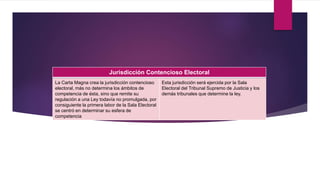 La Carta Magna crea la jurisdicción contencioso
electoral, más no determina los ámbitos de
competencia de ésta, sino que remite su
regulación a una Ley todavía no promulgada, por
consiguiente la primera labor de la Sala Electoral
se centró en determinar su esfera de
competencia
Esta jurisdicción será ejercida por la Sala
Electoral del Tribunal Supremo de Justicia y los
demás tribunales que determine la ley.
Jurisdicción Contencioso Electoral
 
