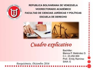 REPUBLICA BOLIVARIANA DE VENEZUELA
VICERECTORADO ACADÉMICO
FACULTAD DE CIENCIAS JURÍDICAS Y POLÍTICAS
ESCUELA DE DERECHO
Bachiller:
Blanca P. Meléndez D.
C.I.: 23.292.900
Prof.: Emily Ramírez
SAIA: E
Barquisimeto, Diciembre 2016
 
