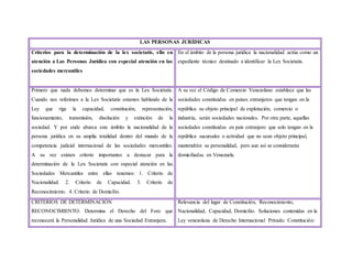 LAS PERSONAS JURÍDICAS
Criterios para la determinación de la lex societatis, ello en
atención a Las Personas Jurídica con especial atención en las
sociedades mercantiles
En el ámbito de la persona jurídica la nacionalidad actúa como un
expediente técnico destinado a identificar la Lex Societatis.
Primero que nada debemos determinar que es la Lex Societatis.
Cuando nos referimos a la Lex Societatis estamos hablando de la
Ley que rige la capacidad, constitución, representación,
funcionamiento, transmisión, disolución y extinción de la
sociedad. Y por ende abarca este ámbito la nacionalidad de la
persona jurídica en su amplia totalidad dentro del mundo de la
competencia judicial internacional de las sociedades mercantiles.
A su vez existen criterio importantes a destacar para la
determinación de la Lex Societatis con especial atención en las
Sociedades Mercantiles entre ellas tenemos: 1. Criterio de
Nacionalidad. 2. Criterio de Capacidad. 3. Criterio de
Reconocimiento. 4. Criterio de Domicilio.
A su vez el Código de Comercio Venezolano establece que las
sociedades constituidas en países extranjeros que tengan en la
república su objeto principal de explotación, comercio o
industria, serán sociedades nacionales. Por otra parte, aquellas
sociedades constituidas en país extranjero que solo tengan en la
república sucursales o actividad que no sean objeto principal,
mantendrán su personalidad, pero aun así se considerarán
domiciliadas en Venezuela.
CRITERIOS DE DETERMINACIÓN
RECONOCIMIENTO: Determina el Derecho del Foro que
reconocerá la Personalidad Jurídica de una Sociedad Extranjera.
Relevancia del lugar de Constitución, Reconocimiento,
Nacionalidad, Capacidad, Domicilio. Soluciones contenidas en la
Ley venezolana de Derecho Internacional Privado: Constitución:
 