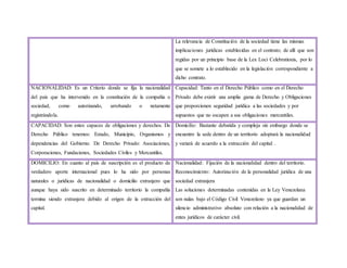 La relevancia de Constitución de la sociedad tiene las mismas
implicaciones jurídicas establecidas en el contrato; de allí que son
regidas por un principio base de la Lex Loci Celebrationis, por lo
que se somete a lo establecido en la legislación correspondiente a
dicho contrato.
NACIONALIDAD: Es un Criterio donde se fija la nacionalidad
del país que ha intervenido en la constitución de la compañía o
sociedad, como autorizando, arrobando o netamente
registrándola.
Capacidad: Tanto en el Derecho Público como en el Derecho
Privado debe existir una amplia gama de Derecho y Obligaciones
que proporcionen seguridad jurídica a las sociedades y por
supuestos que no escapen a sus obligaciones mercantiles.
CAPACIDAD: Son entes capaces de obligaciones y derechos. De
Derecho Público tenemos: Estado, Municipio, Organismos y
dependencias del Gobierno. De Derecho Privado: Asociaciones,
Corporaciones, Fundaciones, Sociedades Civiles y Mercantiles.
Domicilio: Bastante debatida y compleja sin embargo donde se
encuentre la sede dentro de un territorio adoptará la nacionalidad
y variará de acuerdo a la extracción del capital .
DOMICILIO: En cuanto al país de suscripción es el producto de
verdadero aporte internacional pues lo ha sido por personas
naturales o jurídicas de nacionalidad o domicilio extranjero que
aunque haya sido suscrito en determinado territorio la compañía
termina siendo extranjera debido al origen de la extracción del
capital.
Nacionalidad: Fijación de la nacionalidad dentro del territorio.
Reconocimiento: Autorización de la personalidad jurídica de una
sociedad extranjera
Las soluciones determinadas contenidas en la Ley Venezolana
son nulas bajo el Código Civil Venezolano ya que guardan un
silencio administrativo absoluto con relación a la nacionalidad de
entes jurídicos de carácter civil.
 