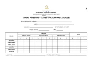 5
SECRETARIA DE EDUCACIÓN DE HONDURAS
DIRECCIÓN DEPARTAMENTAL DE EDUCACION DE INTIBUCÁ
Distrito ________
CUADRO POR EDADES Y SEXO DE EDUCACIÓN PRE-BÁSICA 2015
Centro de Educación Prebasica: __________________________________________________________
LUGAR: ____________________________________________________________
MUNICIPIO: ______________________________________ DEPARTAMENTO: INTIBUCÁ
TIPO DE CENTRO: __________________ AÑO: ___________
EDADES
GRADOS
TOTAL
PRIMER GRADO SEGUNDO GRADO TERCER GRADO
N V T N V T N V T N V
T
TRES AÑOS
CUATRO AÑOS
CINCO AÑOS
SEIS AÑOS
SIETE Y MAS
TOTALES
LUGAR Y FECHA: _____________________________________________________ FIRMA Y SELLO DIRECTOR(A)_____________________________________________
 