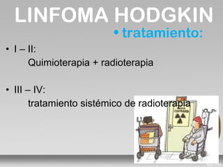 LINFOMA HODGKIN
                         • tratamiento:
• I – II:
      Quimioterapia + radioterapia

• III – IV:
       tratamiento sistémico de radioterapia
 