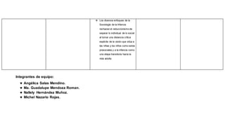 Integrantes de equipo:
 Angélica Salas Mendino.
 Ma. Guadalupe Mendoza Roman.
 Nallely Hernández Muñoz.
 Michel Nazario Rojas.
 Los diversos enfoques de la
Sociología de la Infancia
rechazan el reduccionismo de
separar lo individual de lo social
al tomar una distancia crítica
explícita de la visión que sitúa a
las niñas y los niños como seres
presociales y a la infancia como
una etapa transitoria hacia la
vida adulta.
 