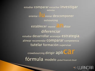 estudiar comparar escuchar investigar
delimitar
orientar ilusionar descomponer
outsourcing
establecer separar analizar
diferenciar
estudiar desarrollar aconsejar estrategia
alinear recomendar comparar competencia
tutelar formación supervisar
crowdsourcing dirigir aplicar
fórmula modelo global financial cloud
 