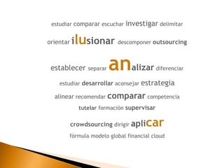 estudiar comparar escuchar investigar delimitar
orientar ilusionar descomponer outsourcing
establecer separar analizar diferenciar
estudiar desarrollar aconsejar estrategia
alinear recomendar comparar competencia
tutelar formación supervisar
crowdsourcing dirigir aplicar
fórmula modelo global financial cloud
 