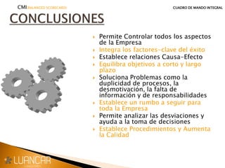  Permite Controlar todos los aspectos
de la Empresa
 Integra los factores-clave del éxito
 Establece relaciones Causa-Efecto
 Equilibra objetivos a corto y largo
plazo
 Soluciona Problemas como la
duplicidad de procesos, la
desmotivación, la falta de
información y de responsabilidades
 Establece un rumbo a seguir para
toda la Empresa
 Permite analizar las desviaciones y
ayuda a la toma de decisiones
 Establece Procedimientos y Aumenta
la Calidad
CMI(BALANCED SCORECARD) CUADRO DE MANDO INTEGRAL
 