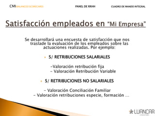 Se desarrollará una encuesta de satisfacción que nos
traslade la evaluación de los empleados sobre las
actuaciones realizadas. Por ejemplo:
 S/ RETRIBUCIONES SALARIALES
-Valoración retribución fija
- Valoración Retribución Variable
 S/ RETRIBUCIONES NO SALARIALES
- Valoración Conciliación Familiar
- Valoración retribuciones especie, formación …
CMI(BALANCED SCORECARD) PANEL DE RRHH CUADRO DE MANDO INTEGRAL
 