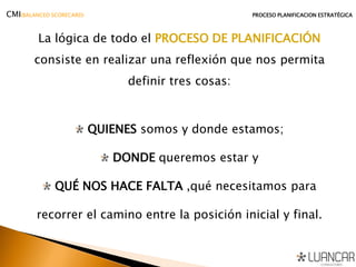 La lógica de todo el PROCESO DE PLANIFICACIÓN
consiste en realizar una reflexión que nos permita
definir tres cosas:
QUIENES somos y donde estamos;
DONDE queremos estar y
QUÉ NOS HACE FALTA ,qué necesitamos para
recorrer el camino entre la posición inicial y final.
CMI(BALANCED SCORECARD) PROCESO PLANIFICACION ESTRATÉGICA
 