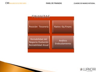 Posición Tesorería Ratios-Eq.Financ
Rentabilidad del
Negocio/Evolución
Rentabilidad Anual
Análisis
Endeudamiento
CMI(BALANCED SCORECARD) PANEL DE FINANZAS CUADRO DE MANDO INTEGRAL
FINANZAS
 
