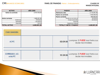 ACTIVO AÑO 2009 PASIVO AÑO 2009
Patrimonio neto 2.119.091,56
Pasivo no corriente 1.430.000,00
Pasivo corriente 859.900,00
Activo corriente 1.489.291,56 Deudas con ent.cdto.c/p 335.000,00
Existencias 478.000,00 Acreed.comerciales 524.900,00
Realizable 1.003.900,00 Personal -
Disponible 7.391,56 Organismos Públicos -
TOTAL ACTIVO 4.408.991,56 TOTAL P. NETO Y PASIVO 4.408.991,56
Activo no corriente 2.919.700,00
CMI(BALANCED SCORECARD) PANEL DE FINANZAS –Ratios / Endeudamiento CUADRO DE
MANDO INTEGRAL
 