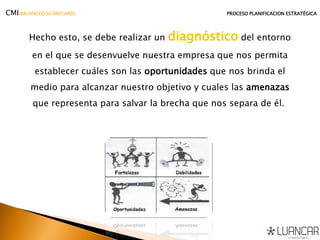 Hecho esto, se debe realizar un diagnóstico del entorno
en el que se desenvuelve nuestra empresa que nos permita
establecer cuáles son las oportunidades que nos brinda el
medio para alcanzar nuestro objetivo y cuales las amenazas
que representa para salvar la brecha que nos separa de él.
CMI(BALANCED SCORECARD) PROCESO PLANIFICACION ESTRATÉGICA
 