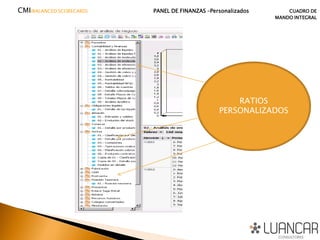 CMI(BALANCED SCORECARD) PANEL DE FINANZAS –Personalizados CUADRO DE
MANDO INTEGRAL
RATIOS
PERSONALIZADOS
 