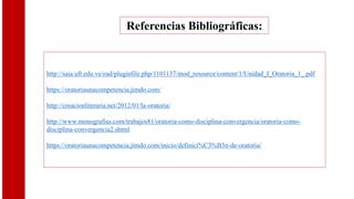 Referencias Bibliográficas:
http://saia.uft.edu.ve/ead/pluginfile.php/1101137/mod_resource/content/1/Unidad_I_Oratoria_1_.pdf
https://oratoriaunacompetencia.jimdo.com/
http://creacionliteraria.net/2012/01/la-oratoria/
http://www.monografias.com/trabajos81/oratoria-como-disciplina-convergencia/oratoria-como-
disciplina-convergencia2.shtml
https://oratoriaunacompetencia.jimdo.com/inicio/definici%C3%B3n-de-oratoria/
 
