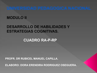 UNIVERSIDAD PEDAGOGICA NACIONAL
MODULO II
DESARROLLO DE HABILIDADES Y
ESTRATEGIAS COGNITIVAS.
CUADRO RA-P-RP
PROFR. DR RUBICEL MANUEL CAPILLA.
ELABORO: DORA ERENDIRA RODRIGUEZ OSEGUERA.
 