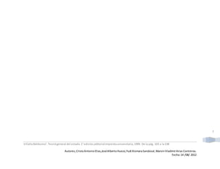 VillaltaBaldovino1
,Teoriágeneral del estado.1°edición,editorialimprentauniversitaria,1999. De la pág. 103 a la138
Autores;CristoAntonioElias,JoséAlbertoHuezo,Yudi XiomaraSandoval,MarvinVladimirArias Contreras.
Fecha:14 /08/ 2012
7
 